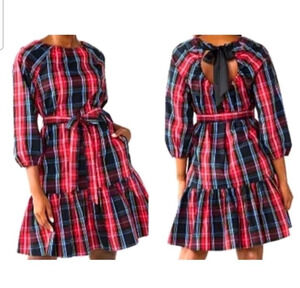 Draper James RSVP Women's Med Tartan Plaid Ruffle Hem Dress Preppy Bow Back EUC